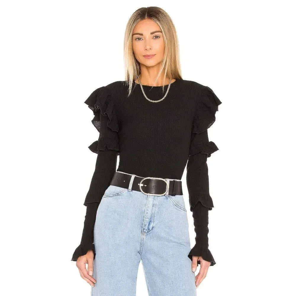 Tularosa Selma Black Ruffle Bodysuit Long Sleeve Keyhole Revolve S